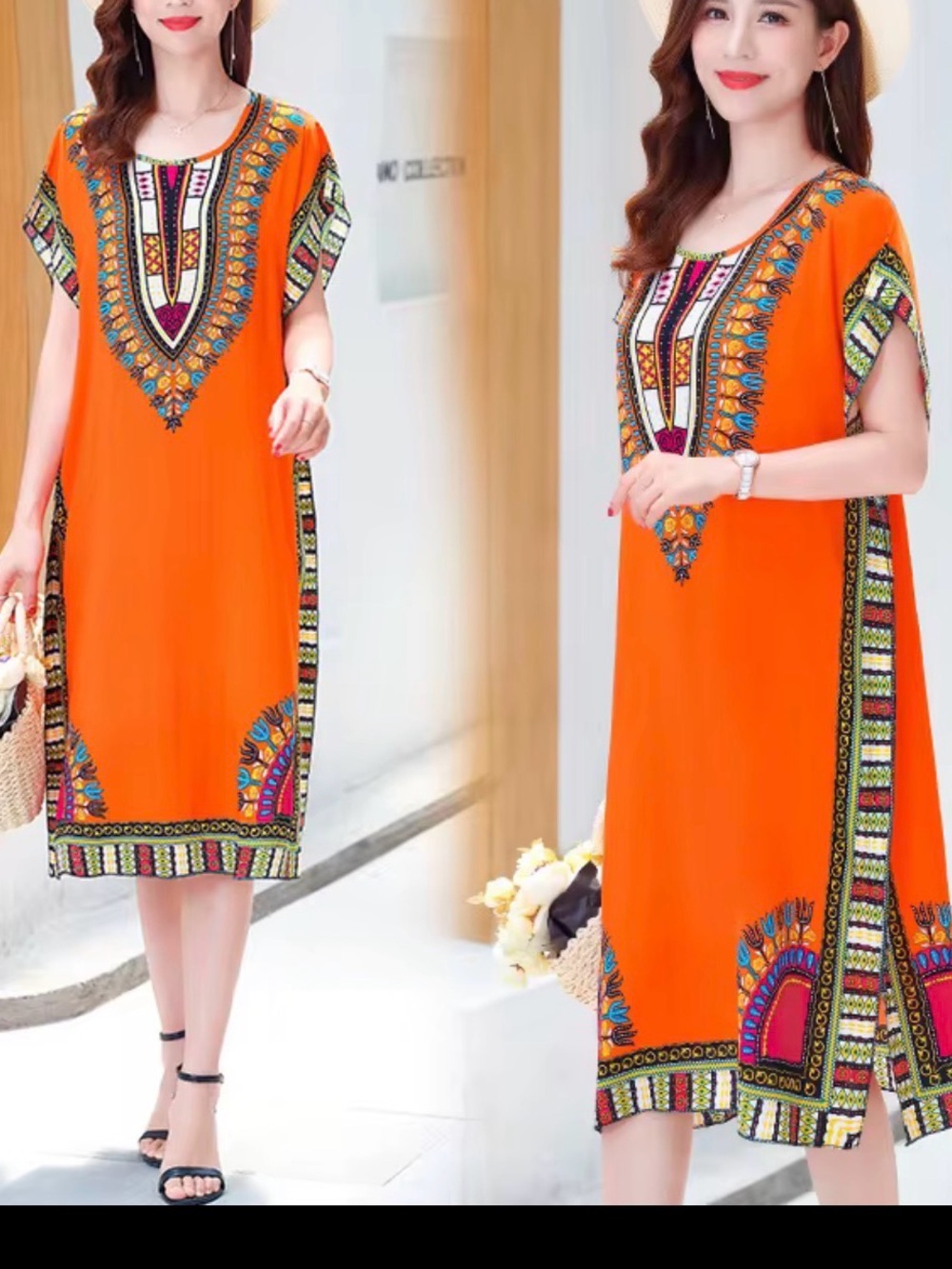 Orange Printed Short Sleeve Midi Dress